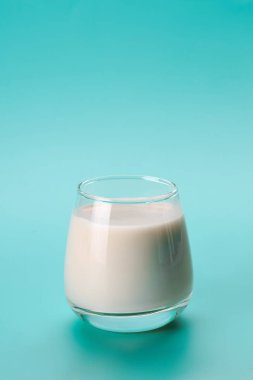 Mavi zemin üzerinde hindistan cevizi veya badem sütü ile palmiye yaprağı