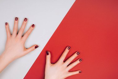 Güzel ve isabetli bir kadının ellerinde kırmızı manikür. Havalı manikür ve sosyal mesafe kavramı. Düzleştirme biçimi.