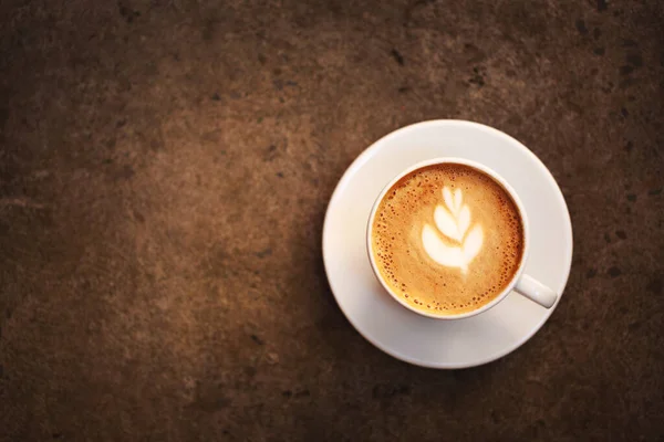 Xícara Cappuccino Com Arte Latte Perfeito Sobre Mesa Vista Superior — Fotografia de Stock