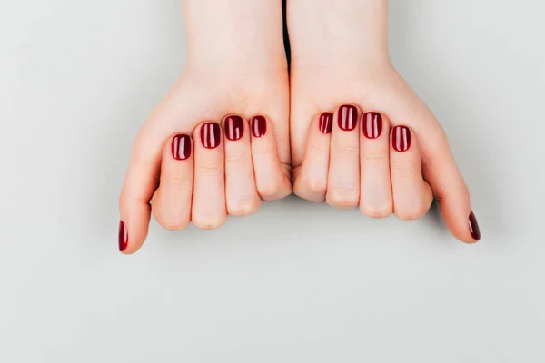 Kobiece Dłonie Ciemnoczerwonym Manicure Pastelowym Szarym Tle Miejscem Tekst Płaski — Zdjęcie stockowe