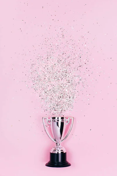 Jeden Srebrny Puchar Zwycięzców Błyszczącymi Pastelowym Tle Baner Przestrzenią Kopiowania — Zdjęcie stockowe