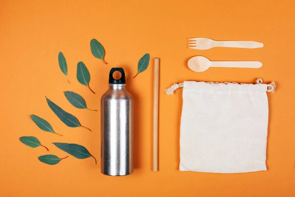 Zero Waste Set Picnic Bottle Fork Spoon Tube Juice Bag — Stock Photo, Image