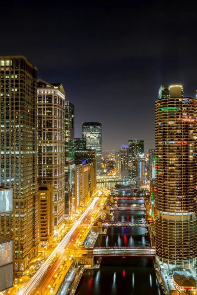 Dramatic View Chicago Night Looking West Chicago River West Wacker — Stock Photo, Image