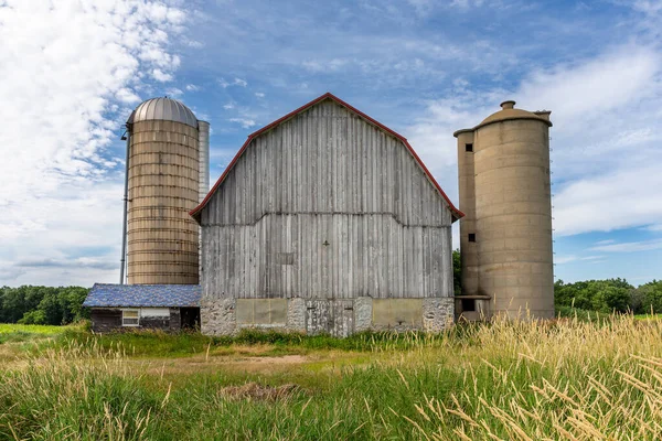 Old White Barn Two Adjoining Silos Concepts Could Include Agriculture Stock Image
