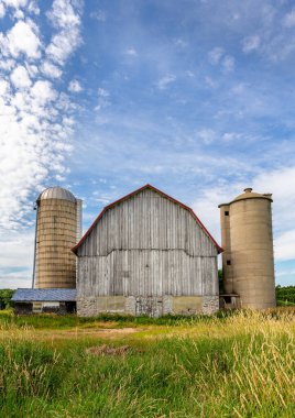 İki bitişik silosu olan eski beyaz ahır. Kavramlarda tarım, aile çiftçiliği, tarih ve diğer şeyler olabilir. Gerekirse gökyüzünde boşluk kopyala.