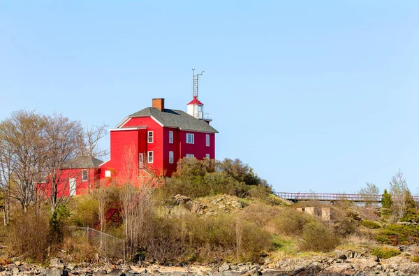 Faro Rosso Sulla Riva Del Lago Superiore Storico Faro Marquette — Foto Stock