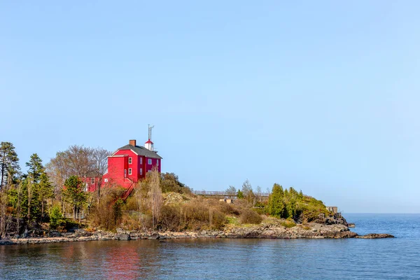 Roter Leuchtturm Ufer Des Superior Sees Der Historische Marquette Harbor — Stockfoto