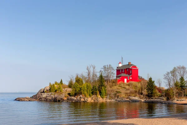 Faro Rojo Orilla Del Lago Superior Histórico Faro Marquette Harbor —  Fotos de Stock