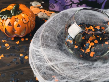 Cadılar Bayramı arka plan ile örümcek ağı ve kabak