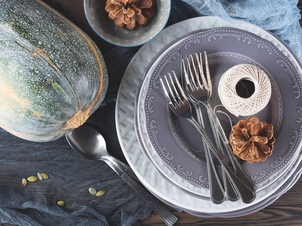 Thanksgiving dinner still life with plates. Top view — Stock Photo, Image