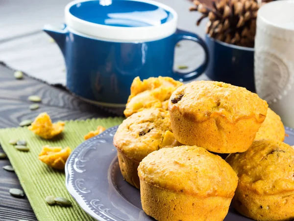 Pumpkin sweet muffins for fall breakfast — Stock Photo, Image