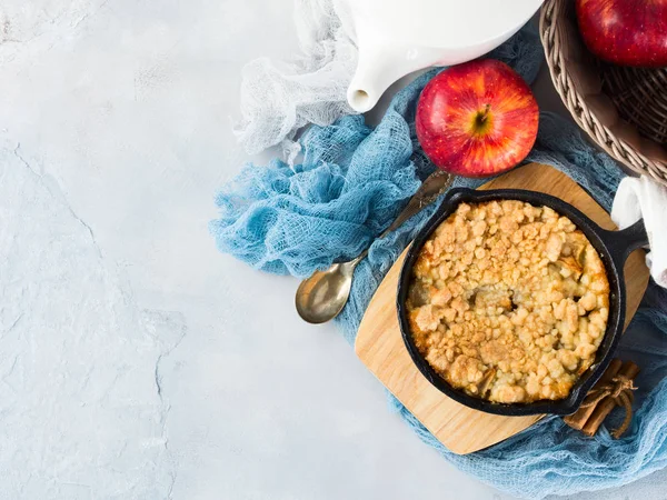 Home made apple almond crumble in cast iron skillet