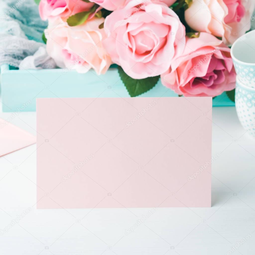 Blank paper pink card Valentines day and roses invitation