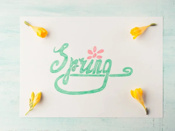Весняне слово правопис ручним написанням і жовтими квітами — стокове фото