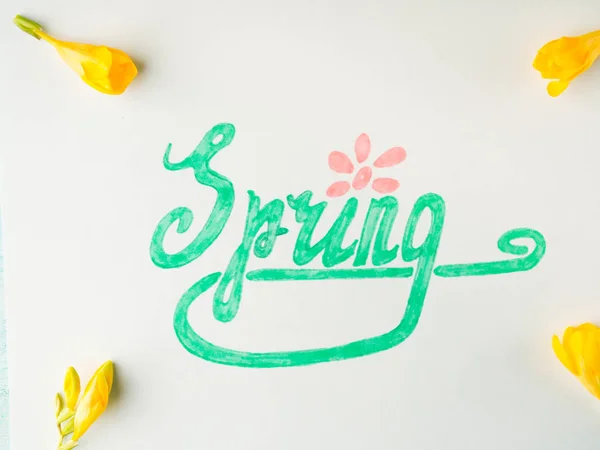 Palavra de primavera soletrando à mão letras e flores amarelas — Fotografia de Stock