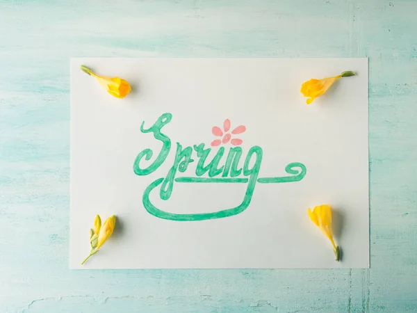 Frühling Wortbuchstabierung per Hand Schriftzug und gelbe Blumen — Stockfoto