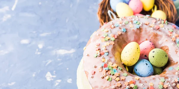 Easter sweet cake with sugar frosting and holiday decor