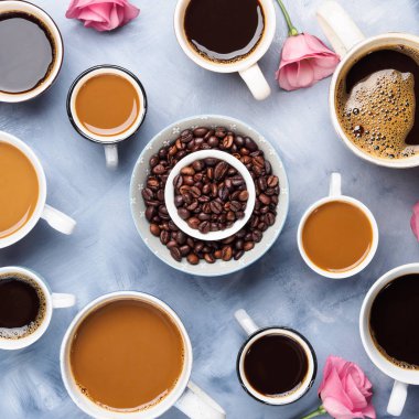 Bardak ve kupalar kahve ve çiçek