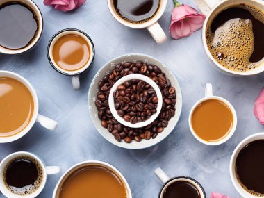 Bardak ve kupalar kahve ve çiçek