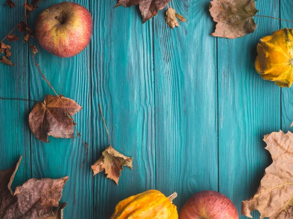 Green autumn background with pumpkin, leaves — Stock Photo, Image