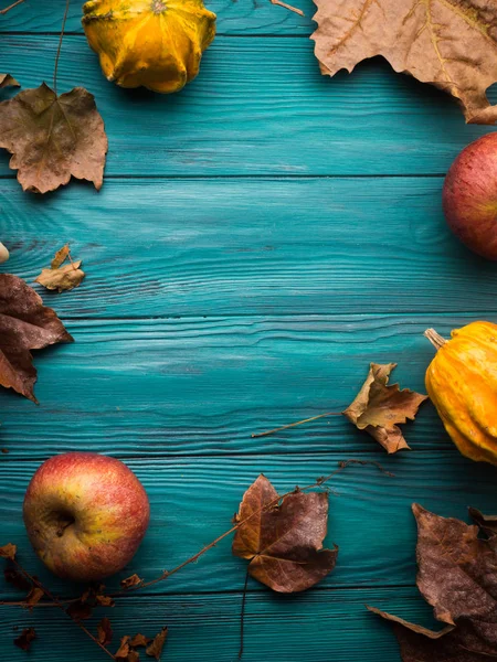 Green autumn background with pumpkin, leaves — Stock Photo, Image