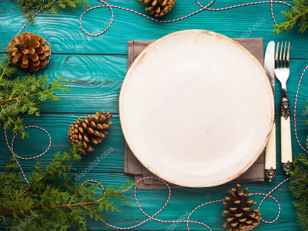 Christmas background with dish and cutlery