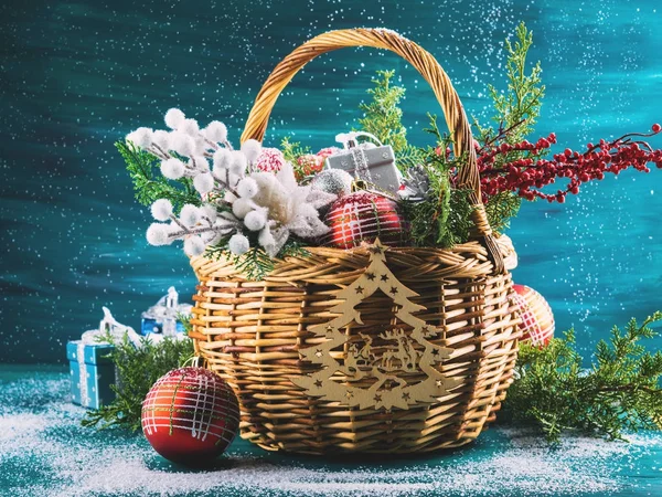 Christmas greeting card with basket and decoration