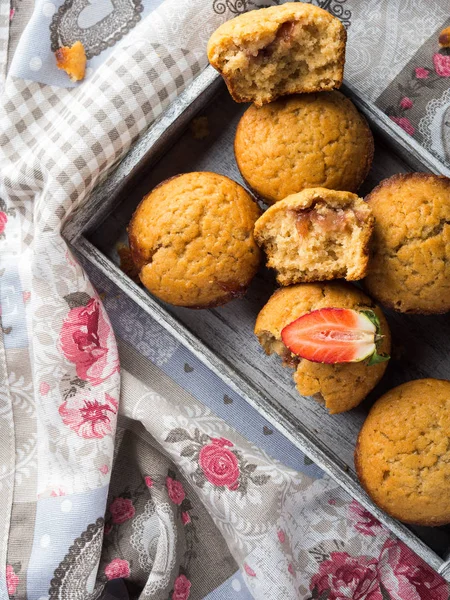Peanut butter muffins with strawberry jam — Stock Photo, Image