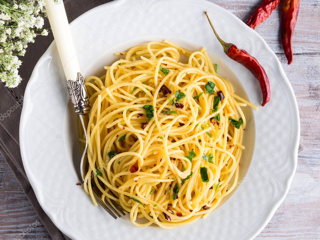 Spaghetti pasta with red pepper, garlic, olive oil
