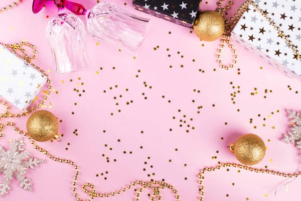 Christmas pink ball flat lay frame and tableware — Stock Photo, Image