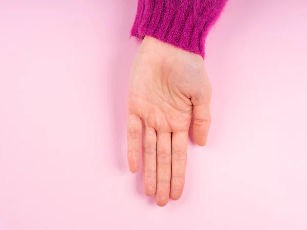 Dámská ruka v purpurovém svetru na růžové — Stock fotografie