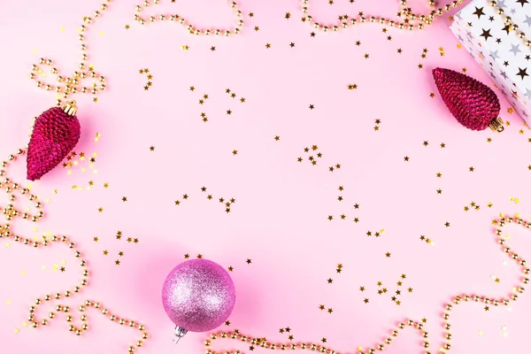 Christmas pink ornament flat frame with confetti — Stock Photo, Image