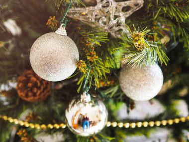 Gümüş küreli Noel ağacı. Şenlik havası