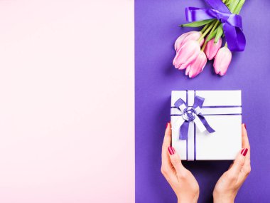 Female hand with gift and tulips on purple pink
