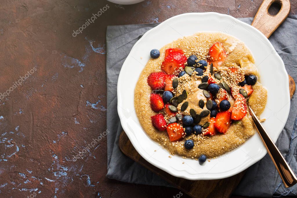Delicious amaranth topped with almond butter