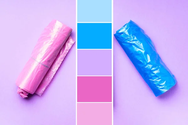 Plastikowe torby kolorowe rolki na fioletowy. Swatch kolorów — Zdjęcie stockowe