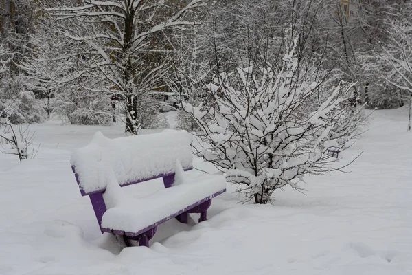 Уличная скамейка, покрытая снегом — стоковое фото
