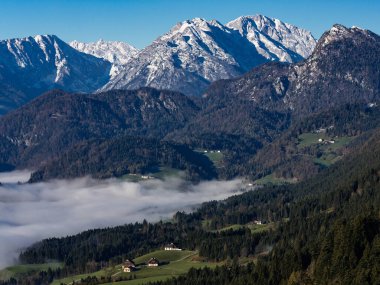 Sabah güneşi ile sabah sis Avusturya Alpleri'nde Vadisi'nde yaktı