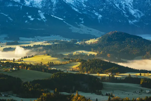 Niebla Matutina Valle Los Alpes Austríacos Iluminada Por Sol Mañana — Foto de Stock