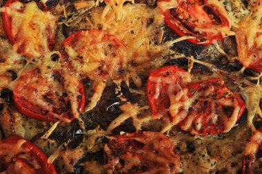 Közlenmiş Patlıcan ve domates peynir ile arka plan