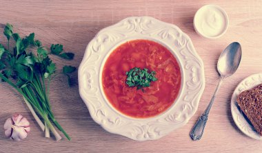 dereotu, ekşi krema ve ahşap b siyah ekmek bir kase çorba