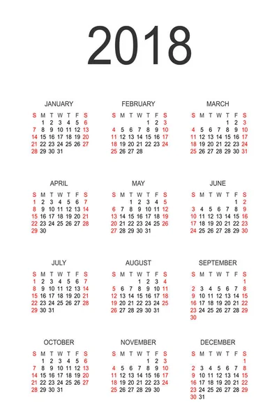 Calendar 2018 year vector design template — Stock Vector