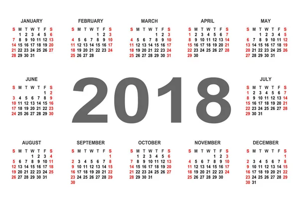 Calendario 2018 anno modello di progettazione vettoriale — Vettoriale Stock