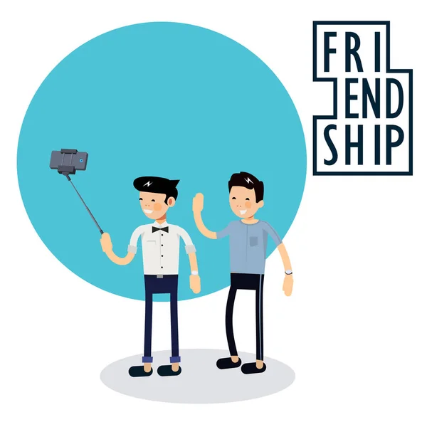 Two fashionable guy taking selfie with logo friendship — Stock Vector