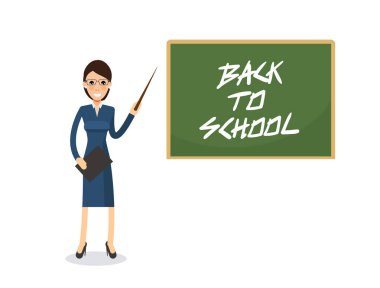 sevimli öğretmen işaretçisiyle yazı tahtası önünde duran