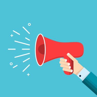 Hoparlör veya megafon tutan karikatür insan el