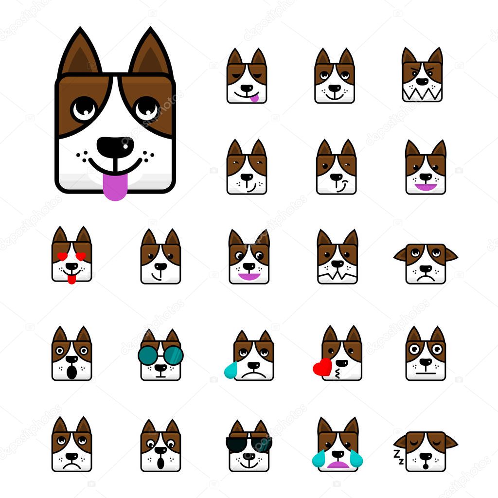Big set of brown dog flat vector cartoon emoticon faces Characte