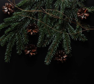 Ladin twigs ve koniler ile metin ve selamlar - üstten görünüm için siyah arka plan üzerinde Noel arka plan