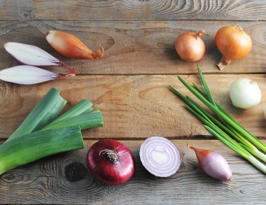 Soğanlı bir kaba ahşap arka plan üzerinde farklı türleri
