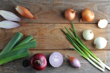 Soğanlı bir kaba ahşap arka plan üzerinde farklı türleri 